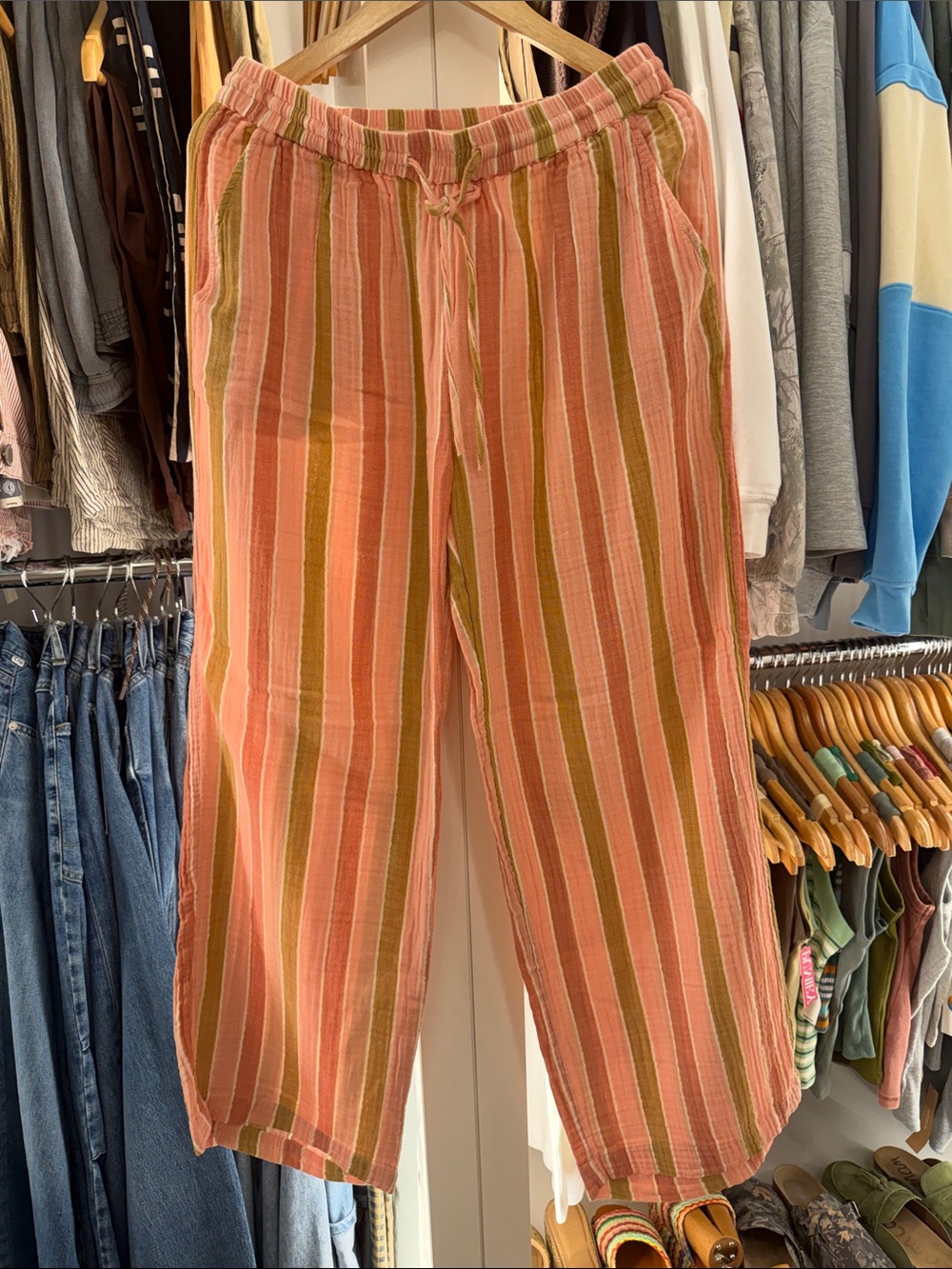 NWT Cotton On Peach and Olive Striped Drawstring Lightweight Pants